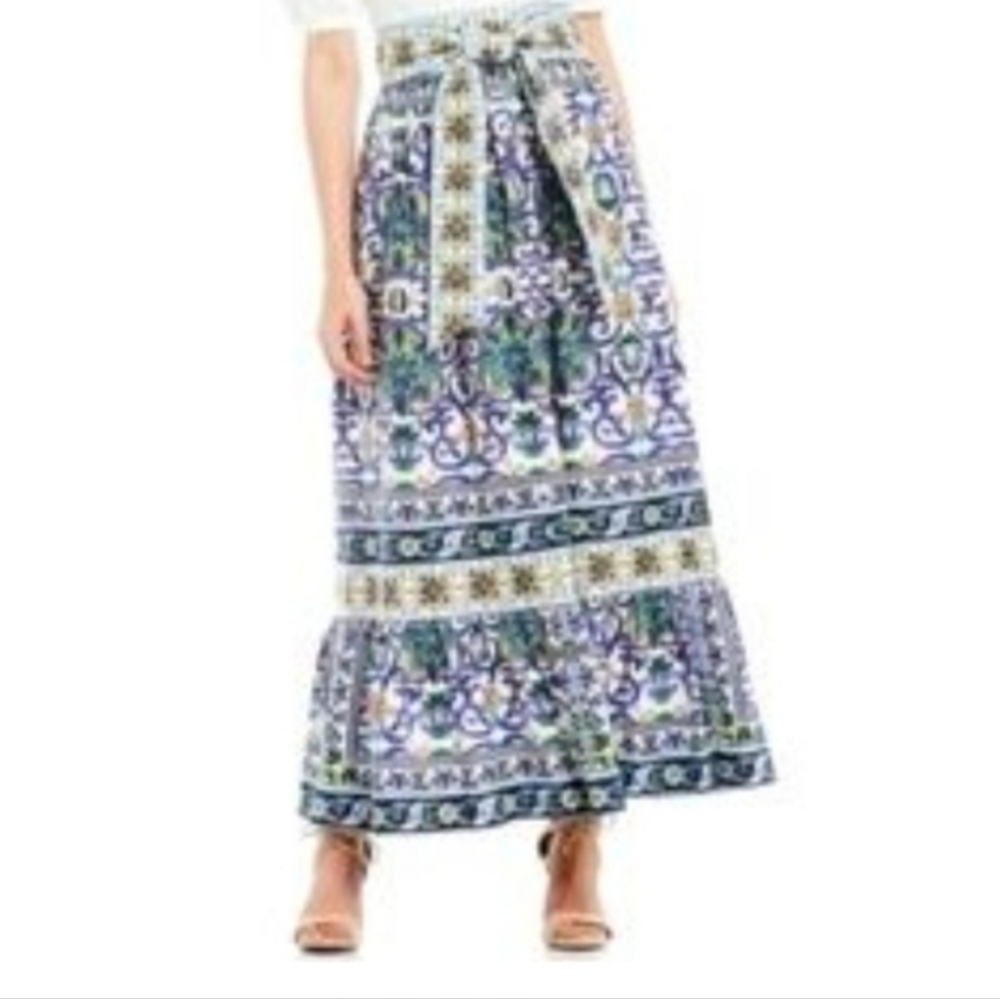 Antonio Melani Blue & Yellow Mosaic Print Maxi Skirt & belt. Length:42" Sz:2 NWT